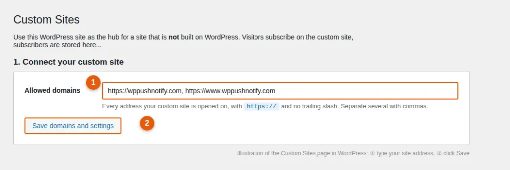 Custom Sites page with the Allowed domains field filled in