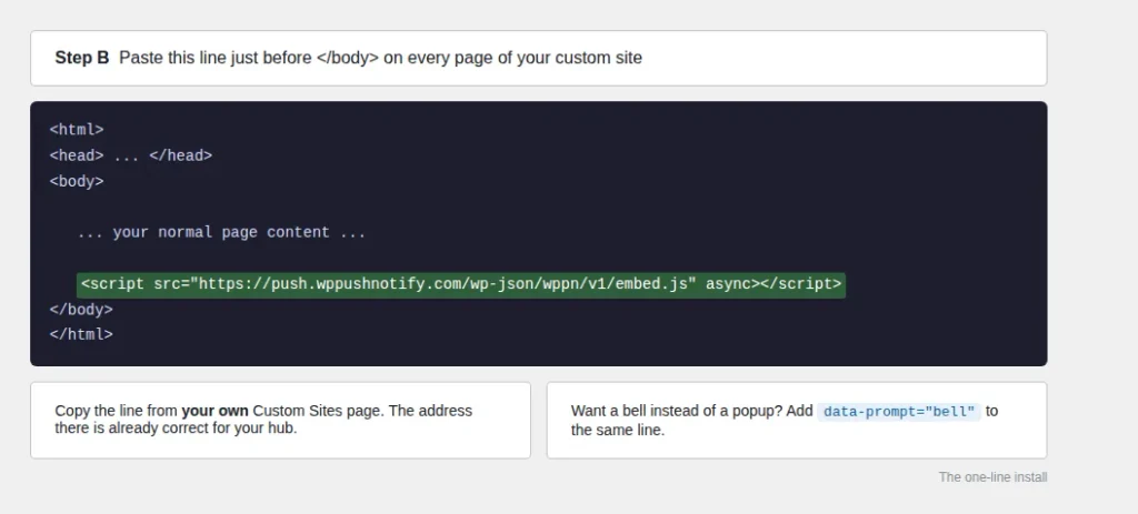 Embed script line placed before the closing body tag