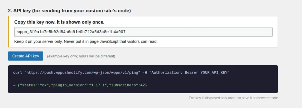 WP Push Notify API key shown once with a ping test