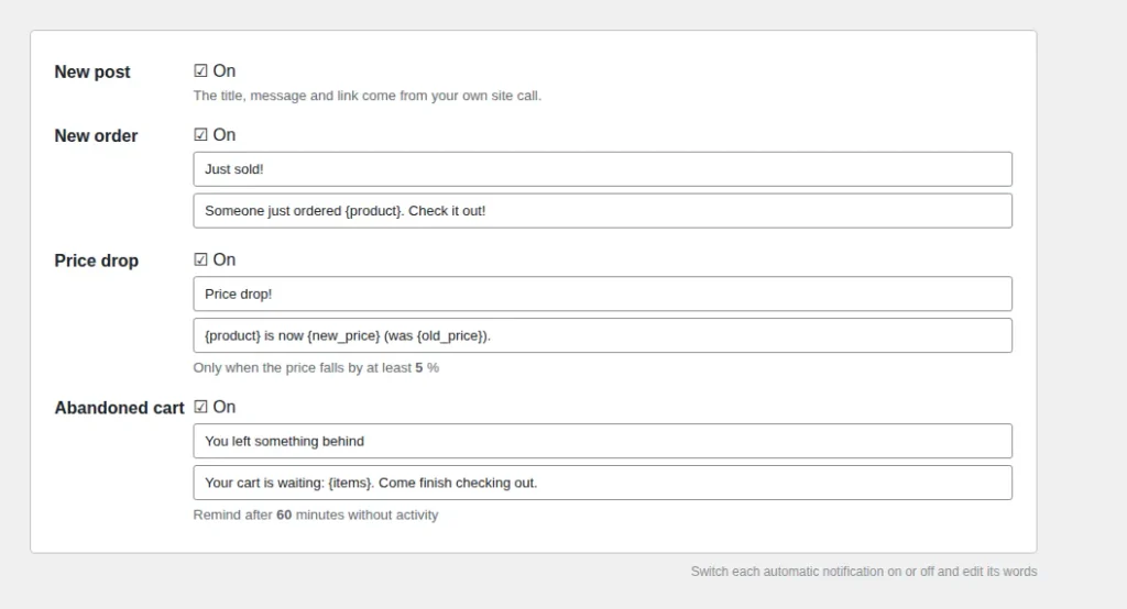 Automatic notification settings for new order, price drop and abandoned cart