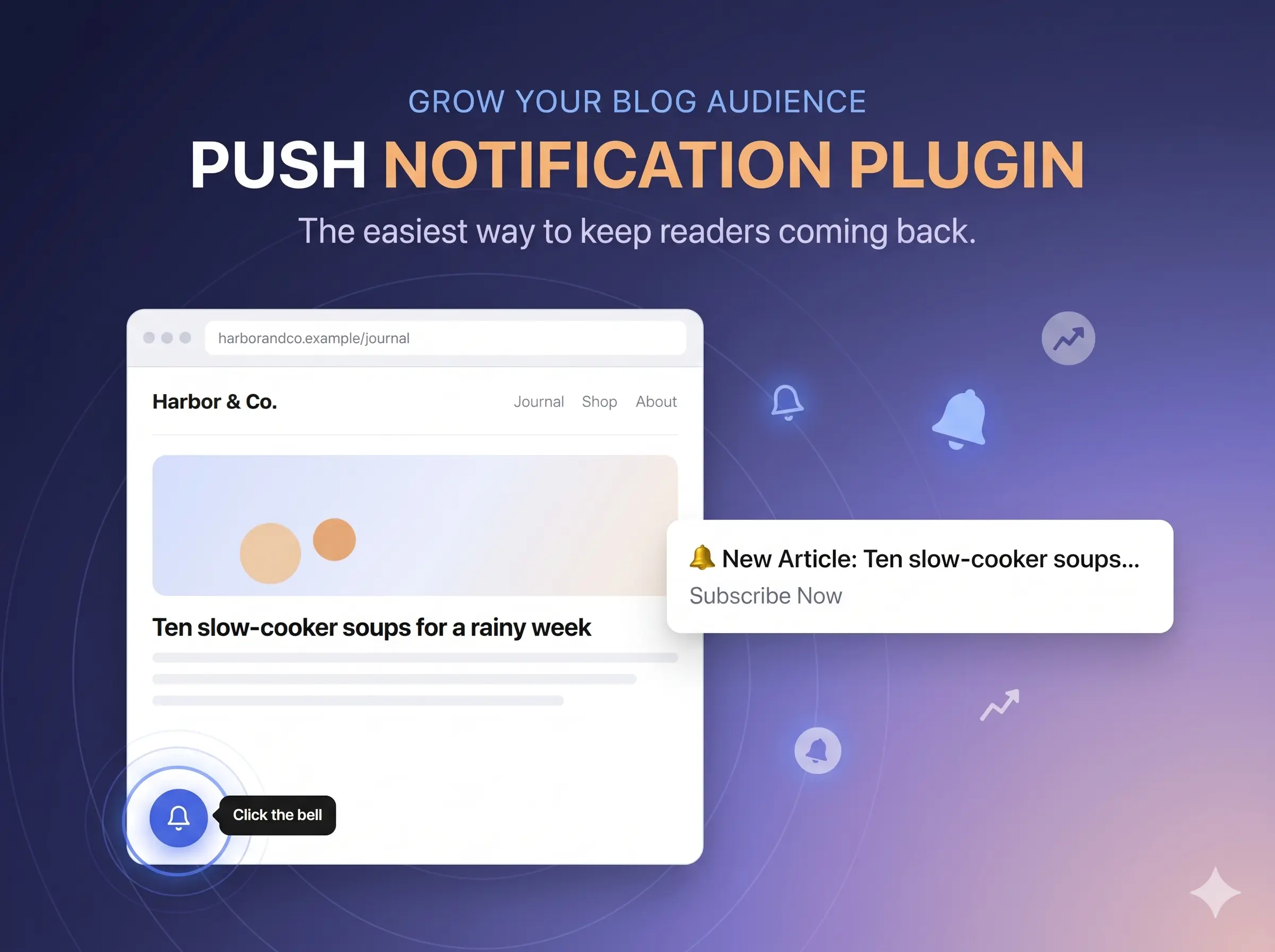 Promotional graphic for a blog push notification plugin, featuring the headline 'Grow Your Blog Audience: Push Notification Plugin' against a dark purple gradient background. A website mockup displays an article card with an active blue notification bell in the bottom corner, paired with a pop-up alert preview that prompts readers to subscribe to new posts made by wppushnotify.com